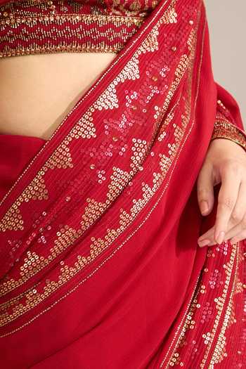 Shop Nakul Sen Red Silk, Chiffon Leaf Neck Border Embroidered Saree With Blouse Online at Aza Fashions Shop_Nakul Sen_Red Silk, Chiffon Leaf Neck Border Embroidered Saree With Blouse _Online_at_Aza_Fashions