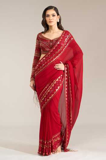 Nakul Sen Red Silk, Chiffon Leaf Neck Border Embroidered Saree With Blouse at Aza Fashions Nakul Sen_Red Silk, Chiffon Leaf Neck Border Embroidered Saree With Blouse _at_Aza_Fashions