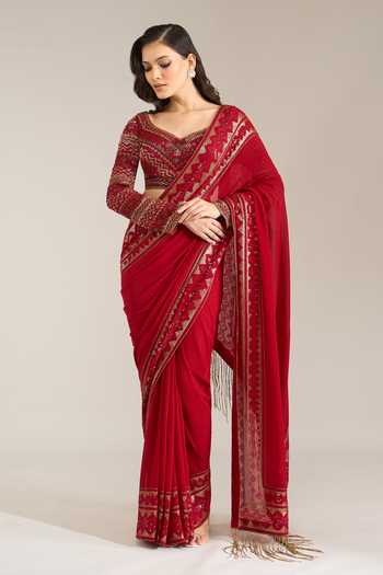 Buy Nakul Sen Red Silk, Chiffon Leaf Neck Border Embroidered Saree With Blouse Buy_Nakul Sen_Red Silk, Chiffon Leaf Neck Border Embroidered Saree With Blouse