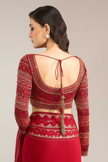 Shop Nakul Sen Red Silk, Chiffon Leaf Neck Border Embroidered Saree With Blouse Shop_Nakul Sen_Red Silk, Chiffon Leaf Neck Border Embroidered Saree With Blouse
