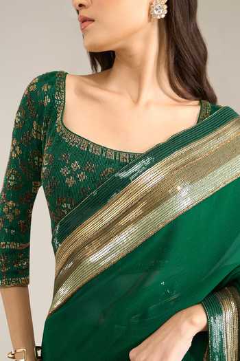 Shop Nakul Sen Emerald Green Silk, Chiffon Scoop Sequin Bordered Saree With Embroidered Blouse Online at Aza Fashions Shop_Nakul Sen_Emerald Green Silk, Chiffon Scoop Sequin Bordered Saree With Embroidered Blouse _Online_at_Aza_Fashions