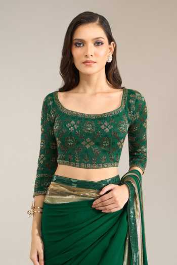 Nakul Sen Emerald Green Silk, Chiffon Scoop Sequin Bordered Saree With Embroidered Blouse at Aza Fashions Nakul Sen_Emerald Green Silk, Chiffon Scoop Sequin Bordered Saree With Embroidered Blouse _at_Aza_Fashions