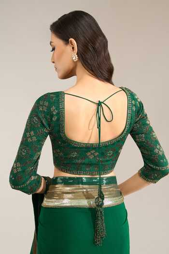 Buy Nakul Sen Emerald Green Silk, Chiffon Scoop Sequin Bordered Saree With Embroidered Blouse Buy_Nakul Sen_Emerald Green Silk, Chiffon Scoop Sequin Bordered Saree With Embroidered Blouse