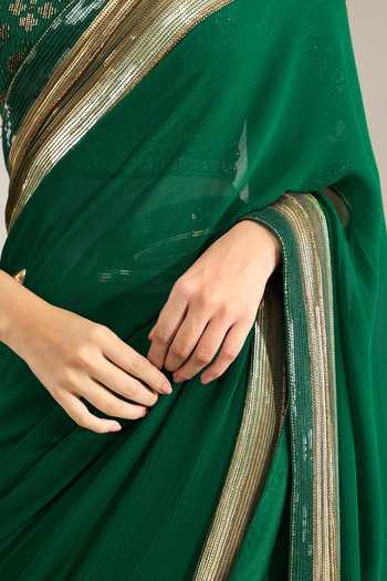 Shop Nakul Sen Emerald Green Silk, Chiffon Scoop Sequin Bordered Saree With Embroidered Blouse Shop_Nakul Sen_Emerald Green Silk, Chiffon Scoop Sequin Bordered Saree With Embroidered Blouse