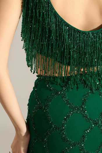 Buy Nakul Sen Emerald Green Silk, Chiffon V-neck Scalloped Saree With Tasselled Blouse Buy_Nakul Sen_Emerald Green Silk, Chiffon V-neck Scalloped Saree With Tasselled Blouse
