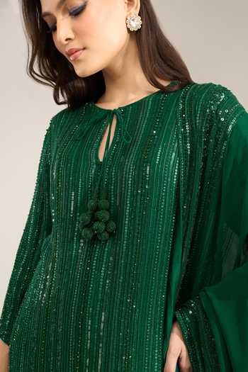 Shop Nakul Sen Emerald Green Silk, Chiffon Sequins Keyhole Neck, Embroidered Kurta Palazzo Set Online at Aza Fashions Shop_Nakul Sen_Emerald Green Silk, Chiffon Sequins Keyhole Neck, Embroidered Kurta Palazzo Set _Online_at_Aza_Fashions