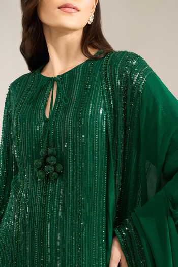 Nakul Sen Emerald Green Silk, Chiffon Sequins Keyhole Neck, Embroidered Kurta Palazzo Set at Aza Fashions Nakul Sen_Emerald Green Silk, Chiffon Sequins Keyhole Neck, Embroidered Kurta Palazzo Set _at_Aza_Fashions