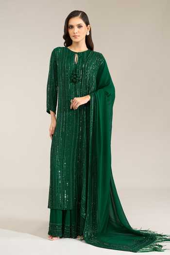 Buy Nakul Sen Emerald Green Silk, Chiffon Sequins Keyhole Neck, Embroidered Kurta Palazzo Set Buy_Nakul Sen_Emerald Green Silk, Chiffon Sequins Keyhole Neck, Embroidered Kurta Palazzo Set