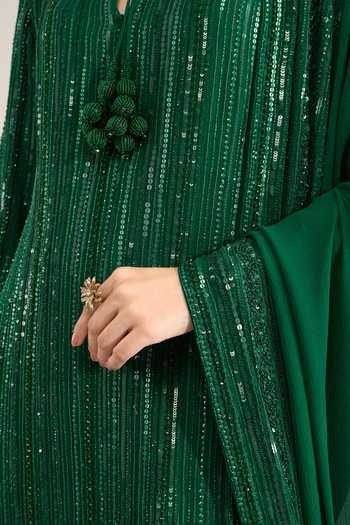 Shop Nakul Sen Emerald Green Silk, Chiffon Sequins Keyhole Neck, Embroidered Kurta Palazzo Set Shop_Nakul Sen_Emerald Green Silk, Chiffon Sequins Keyhole Neck, Embroidered Kurta Palazzo Set