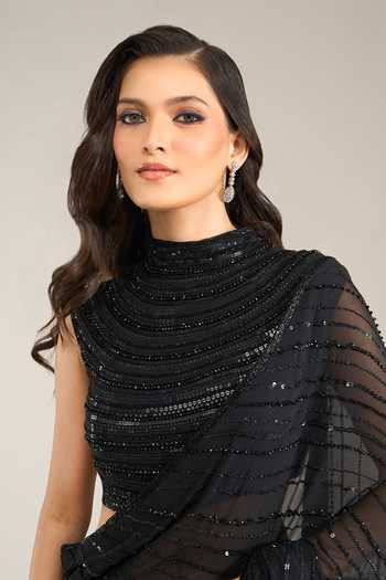 Buy Nakul Sen Black Silk, Chiffon High Neck Tonal Sequin Saree With Blouse Online at Aza Fashions Buy_Nakul Sen_Black Silk, Chiffon High Neck Tonal Sequin Saree With Blouse _Online_at_Aza_Fashions