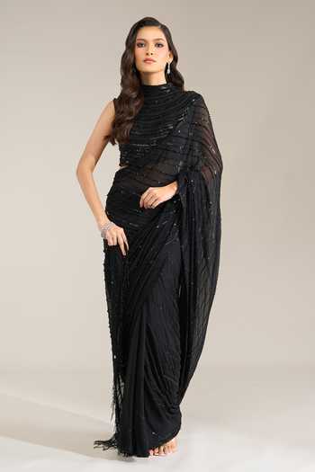 Shop Nakul Sen Black Silk, Chiffon High Neck Tonal Sequin Saree With Blouse Online at Aza Fashions Shop_Nakul Sen_Black Silk, Chiffon High Neck Tonal Sequin Saree With Blouse _Online_at_Aza_Fashions