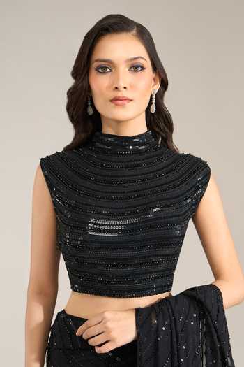 Nakul Sen Black Silk, Chiffon High Neck Tonal Sequin Saree With Blouse at Aza Fashions Nakul Sen_Black Silk, Chiffon High Neck Tonal Sequin Saree With Blouse _at_Aza_Fashions