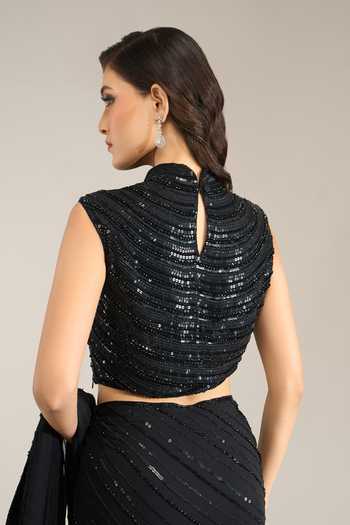 Buy Nakul Sen Black Silk, Chiffon High Neck Tonal Sequin Saree With Blouse Buy_Nakul Sen_Black Silk, Chiffon High Neck Tonal Sequin Saree With Blouse
