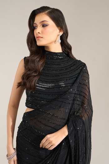 Shop Nakul Sen Black Silk, Chiffon High Neck Tonal Sequin Saree With Blouse Shop_Nakul Sen_Black Silk, Chiffon High Neck Tonal Sequin Saree With Blouse