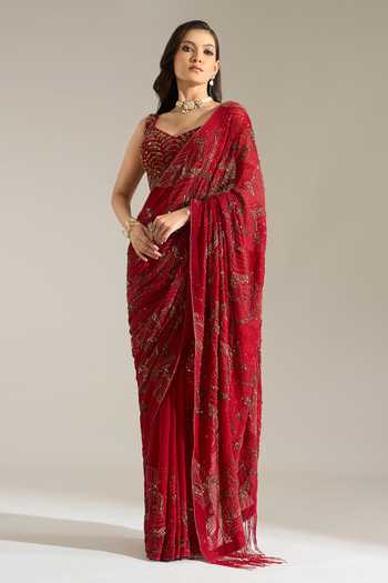 Buy_Nakul Sen_Red Silk, Chiffon V-neck Leaf Embroidered Saree With Blouse _Online_at_Aza_Fashions