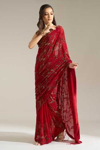Shop_Nakul Sen_Red Silk, Chiffon V-neck Leaf Embroidered Saree With Blouse _Online_at_Aza_Fashions