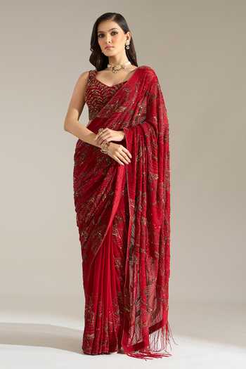 Nakul Sen_Red Silk, Chiffon V-neck Leaf Embroidered Saree With Blouse _at_Aza_Fashions