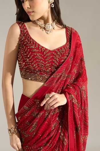 Buy_Nakul Sen_Red Silk, Chiffon V-neck Leaf Embroidered Saree With Blouse 