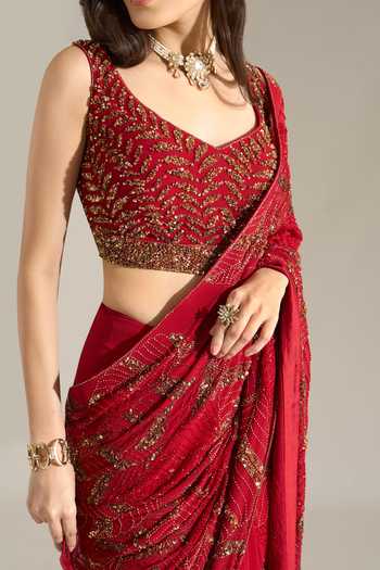 Shop_Nakul Sen_Red Silk, Chiffon V-neck Leaf Embroidered Saree With Blouse 