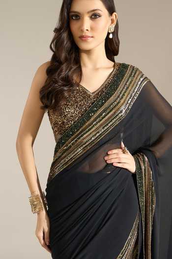 Buy Nakul Sen Black Silk, Chiffon V-neck Bordered Saree With Sequin Blouse Online at Aza Fashions Buy_Nakul Sen_Black Silk, Chiffon V-neck Bordered Saree With Sequin Blouse _Online_at_Aza_Fashions