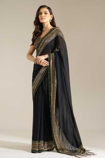 Shop Nakul Sen Black Silk, Chiffon V-neck Bordered Saree With Sequin Blouse Online at Aza Fashions Shop_Nakul Sen_Black Silk, Chiffon V-neck Bordered Saree With Sequin Blouse _Online_at_Aza_Fashions
