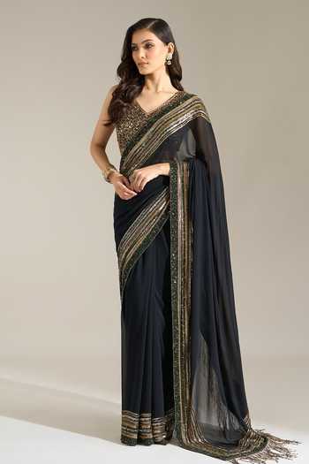 Nakul Sen Black Silk, Chiffon V-neck Bordered Saree With Sequin Blouse at Aza Fashions Nakul Sen_Black Silk, Chiffon V-neck Bordered Saree With Sequin Blouse _at_Aza_Fashions