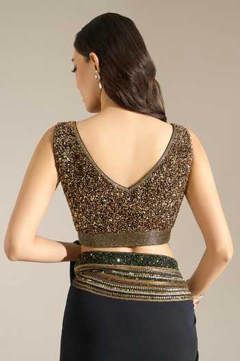 Buy Nakul Sen Black Silk, Chiffon V-neck Bordered Saree With Sequin Blouse Buy_Nakul Sen_Black Silk, Chiffon V-neck Bordered Saree With Sequin Blouse
