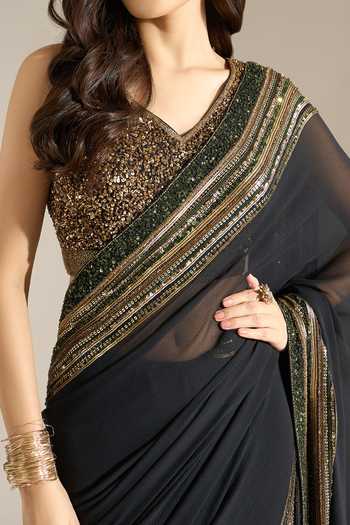 Shop Nakul Sen Black Silk, Chiffon V-neck Bordered Saree With Sequin Blouse Shop_Nakul Sen_Black Silk, Chiffon V-neck Bordered Saree With Sequin Blouse