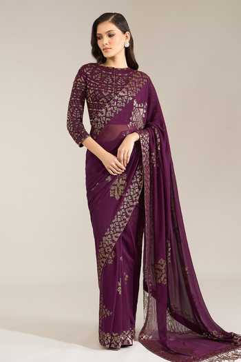 Nakul Sen Aubergine Sequinned Saree With Blouse 