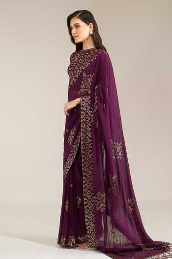 Buy Nakul Sen Purple Silk, Chiffon Round Neck Aubergine Sequinned Saree With Blouse Online at Aza Fashions Buy_Nakul Sen_Purple Silk, Chiffon Round Neck Aubergine Sequinned Saree With Blouse _Online_at_Aza_Fashions