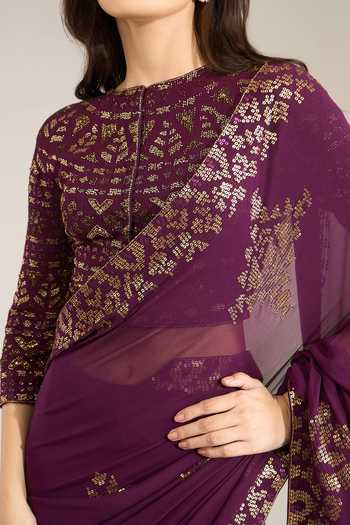 Shop Nakul Sen Purple Silk, Chiffon Round Neck Aubergine Sequinned Saree With Blouse Online at Aza Fashions Shop_Nakul Sen_Purple Silk, Chiffon Round Neck Aubergine Sequinned Saree With Blouse _Online_at_Aza_Fashions