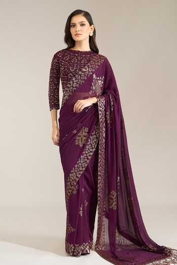 Nakul Sen Purple Silk, Chiffon Round Neck Aubergine Sequinned Saree With Blouse at Aza Fashions Nakul Sen_Purple Silk, Chiffon Round Neck Aubergine Sequinned Saree With Blouse _at_Aza_Fashions