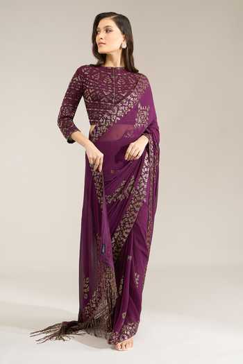 Buy Nakul Sen Purple Silk, Chiffon Round Neck Aubergine Sequinned Saree With Blouse Buy_Nakul Sen_Purple Silk, Chiffon Round Neck Aubergine Sequinned Saree With Blouse