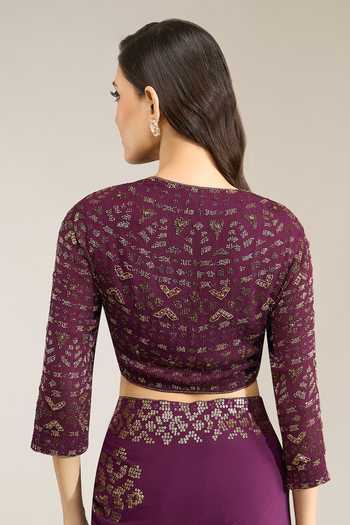 Shop Nakul Sen Purple Silk, Chiffon Round Neck Aubergine Sequinned Saree With Blouse Shop_Nakul Sen_Purple Silk, Chiffon Round Neck Aubergine Sequinned Saree With Blouse