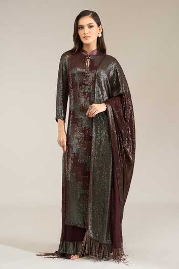 Nakul Sen Wine Silk, Chiffon Mandarin Collar, Yes Chevron Sequinned Kurta Palazzo Set at Aza Fashions Nakul Sen_Wine Silk, Chiffon Mandarin Collar, Yes Chevron Sequinned Kurta Palazzo Set _at_Aza_Fashions