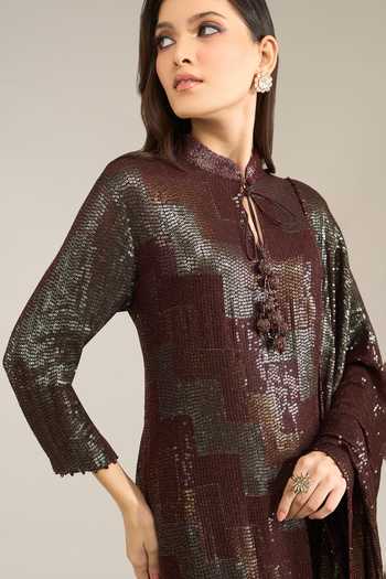 Buy Nakul Sen Wine Silk, Chiffon Mandarin Collar, Yes Chevron Sequinned Kurta Palazzo Set Buy_Nakul Sen_Wine Silk, Chiffon Mandarin Collar, Yes Chevron Sequinned Kurta Palazzo Set