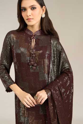 Shop Nakul Sen Wine Silk, Chiffon Mandarin Collar, Yes Chevron Sequinned Kurta Palazzo Set Shop_Nakul Sen_Wine Silk, Chiffon Mandarin Collar, Yes Chevron Sequinned Kurta Palazzo Set