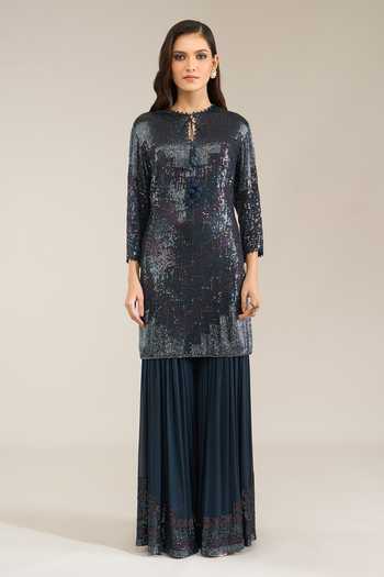 Shop Nakul Sen Blue Silk, Chiffon Keyhole Neck, Yes Sequinned Kurta Gharara Set Online at Aza Fashions Shop_Nakul Sen_Blue Silk, Chiffon Keyhole Neck, Yes Sequinned Kurta Gharara Set _Online_at_Aza_Fashions