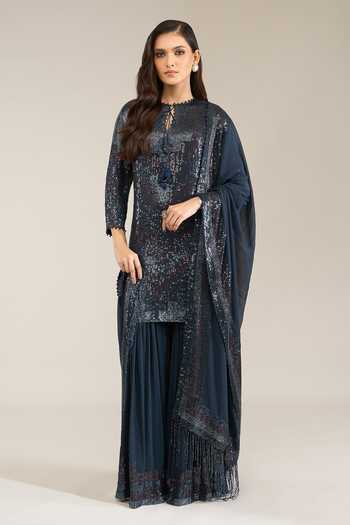 Nakul Sen Blue Silk, Chiffon Keyhole Neck, Yes Sequinned Kurta Gharara Set at Aza Fashions Nakul Sen_Blue Silk, Chiffon Keyhole Neck, Yes Sequinned Kurta Gharara Set _at_Aza_Fashions