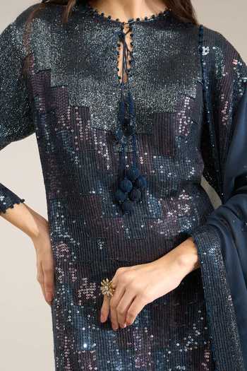 Buy Nakul Sen Blue Silk, Chiffon Keyhole Neck, Yes Sequinned Kurta Gharara Set Buy_Nakul Sen_Blue Silk, Chiffon Keyhole Neck, Yes Sequinned Kurta Gharara Set