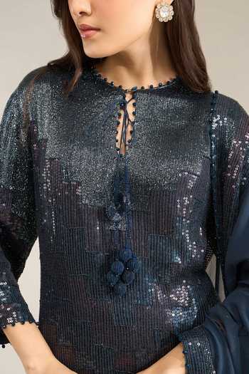 Shop Nakul Sen Blue Silk, Chiffon Keyhole Neck, Yes Sequinned Kurta Gharara Set Shop_Nakul Sen_Blue Silk, Chiffon Keyhole Neck, Yes Sequinned Kurta Gharara Set