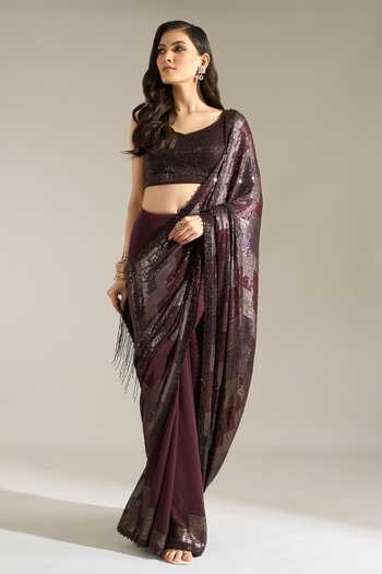 Buy Nakul Sen Wine Silk, Chiffon Square Neck Geometric Sequinned Saree With Blouse Online at Aza Fashions Buy_Nakul Sen_Wine Silk, Chiffon Square Neck Geometric Sequinned Saree With Blouse _Online_at_Aza_Fashions