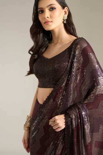 Buy Nakul Sen Wine Silk, Chiffon Square Neck Geometric Sequinned Saree With Blouse Buy_Nakul Sen_Wine Silk, Chiffon Square Neck Geometric Sequinned Saree With Blouse