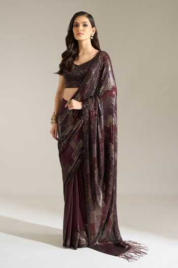 Shop Nakul Sen Wine Silk, Chiffon Square Neck Geometric Sequinned Saree With Blouse Shop_Nakul Sen_Wine Silk, Chiffon Square Neck Geometric Sequinned Saree With Blouse