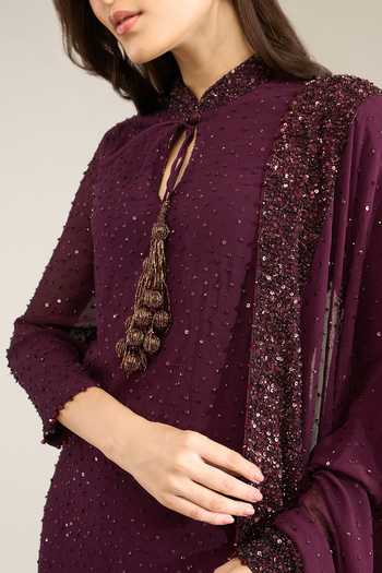 Buy Nakul Sen Purple Silk, Chiffon Mandarin Collar, Keyhole Neck, Scattered Sequin Sharara Set Online at Aza Fashions Buy_Nakul Sen_Purple Silk, Chiffon Mandarin Collar, Keyhole Neck, Scattered Sequin Sharara Set _Online_at_Aza_Fashions