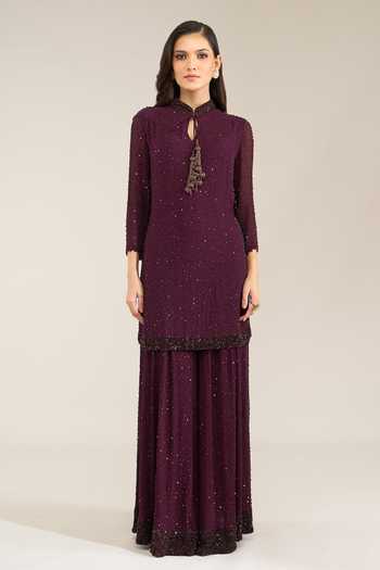 Nakul Sen Purple Silk, Chiffon Mandarin Collar, Keyhole Neck, Scattered Sequin Sharara Set at Aza Fashions Nakul Sen_Purple Silk, Chiffon Mandarin Collar, Keyhole Neck, Scattered Sequin Sharara Set _at_Aza_Fashions