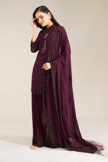 Buy Nakul Sen Purple Silk, Chiffon Mandarin Collar, Keyhole Neck, Scattered Sequin Sharara Set Buy_Nakul Sen_Purple Silk, Chiffon Mandarin Collar, Keyhole Neck, Scattered Sequin Sharara Set