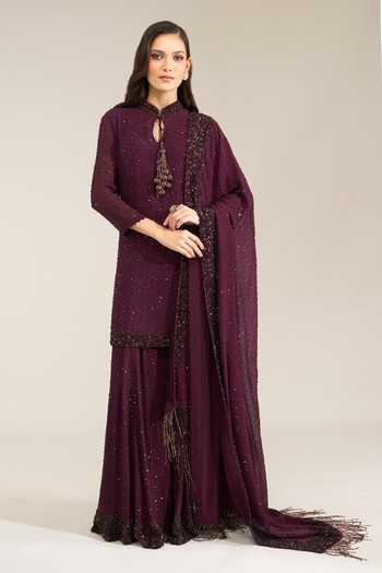 Shop Nakul Sen Purple Silk, Chiffon Mandarin Collar, Keyhole Neck, Scattered Sequin Sharara Set Shop_Nakul Sen_Purple Silk, Chiffon Mandarin Collar, Keyhole Neck, Scattered Sequin Sharara Set