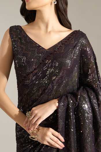 Buy Nakul Sen Purple Silk, Chiffon V-neck Mahogany Sequin Saree With Blouse Online at Aza Fashions Buy_Nakul Sen_Purple Silk, Chiffon V-neck Mahogany Sequin Saree With Blouse _Online_at_Aza_Fashions