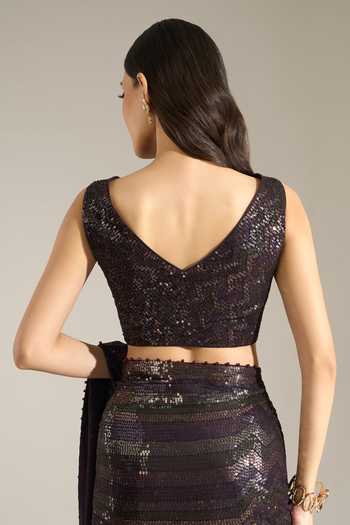 Shop Nakul Sen Purple Silk, Chiffon V-neck Mahogany Sequin Saree With Blouse Online at Aza Fashions Shop_Nakul Sen_Purple Silk, Chiffon V-neck Mahogany Sequin Saree With Blouse _Online_at_Aza_Fashions